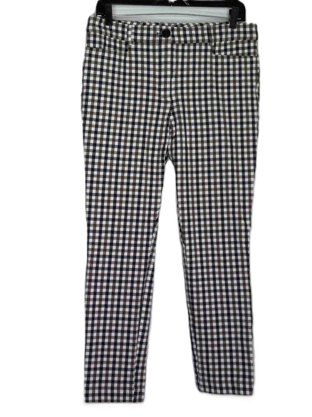 New LOFT Pants Cream Black & Brown Check Denim Crop Skinny Straight Stretch Sz 8